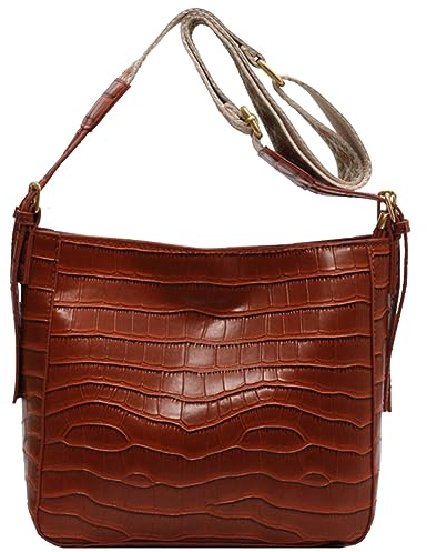 LYEAA Frauen Casual Umhängetasche mit breitem Gurt Große Hobo Tasche Einfarbig PU Leder Krokodile Muster Täglich Outdoor Tasche, braun, 25*15.2*7.6cm/9.84*5.98*2.99inch