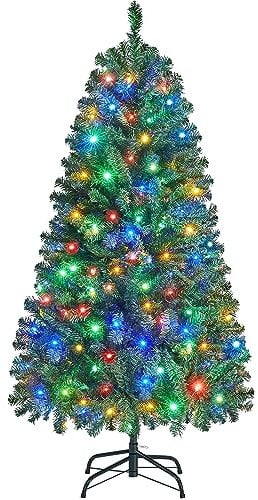 Yaheetech 5ft Pre-lit Spruce Artificial Christmas Tree with 396 Tips, 200 Multicolour LED Lights & Foldable Metal Stand for Home Office Holiday Decorative, 152.5cm
