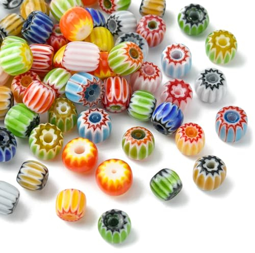 UR URLIFEHALL Lot de 60 perles en verre Millefiori faites à la main - 12 styles - Colonne citrouille - Perles d'espacement pour boucles d'oreilles, colliers, bracelets, bijoux