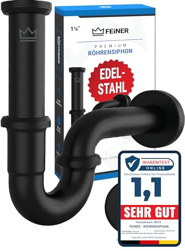 FEINER® Premium Universal Siphon für Waschbecken Edelstahl, Abflussrohr Tauchrohr 2-12cm höhenverstellbar, Waschbecken Ablaufgarnitur 1 1/4“ Chrom, Gratis-Dichtungsset [ Mattschwarz ]