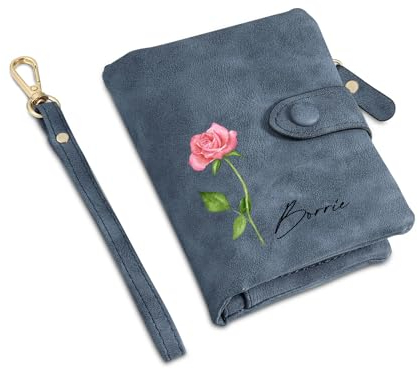 Geldbörse Damen Leder Personalisierte Geschenk für Frauen: Portemonnaie Damen mit Namen und Geburtsblume Mama Geschenk Muttertag Mutter Geschenk Freundin Geburtstag