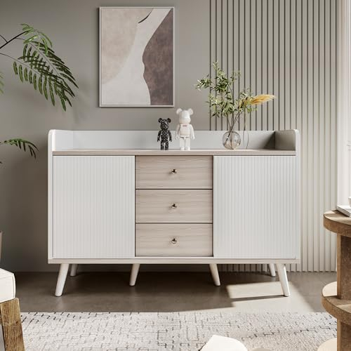 Merax Kommode Holz, Modernen Sideboard mit Schiebetüren, Schrank mit 3 Schubladen, für Wohnzimmer, Esszimmer & Schlafzimmer, 117,5x39,5x80 cm, Weiß & Holzfarbe
