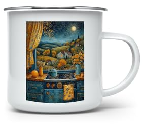 MAXIKIWI - Tasse à café ou thé en émail durable pour l'intérieur et l'extérieur - A Moon Night Village - 350 ml