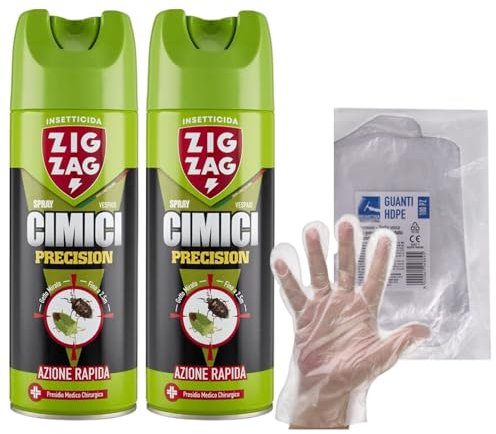 Zig Zag Insetticida Spray Inodore CIMICI. Ideale Contro Le Cimici e i Loro Nidi, Efficacia Fino a 2.5 m, Presidio Medico Chirurgico 300ml + OMAGGIO 100pz Guanto HDPE Monouso (2 Spray+1CF Guanti)