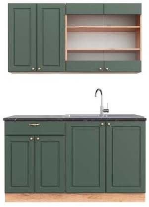 Vicco Singleküche Fame-Line, Grün-Gold Landhaus/Goldkraft Eiche, 140 cm, AP Anthrazit