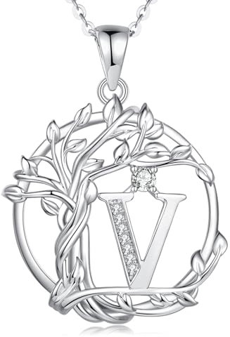 FANCIME Lebensbaum Buchstaben Kette Damen, 925 Sterling Silber V Alphabet Initialen Anhänger Halskette Schmuck Geschenke für Damen Frauen Mädchen, Kettenlänge: 40+5 cm