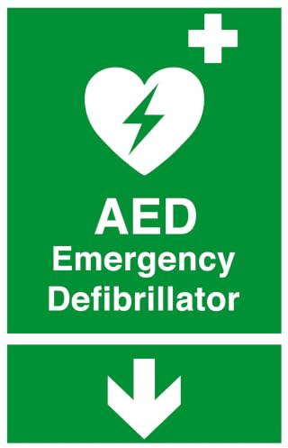 AED Emergency Defibrillator Pfeil nach unten Sicherheitsschild – selbstklebender Aufkleber mit hoher Klebekraft (300 mm x 200 mm) Sichtabstand innerhalb von 7 m.