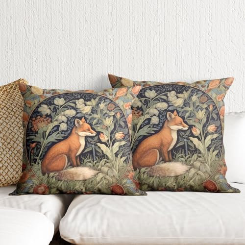 William Morris Dekokissenbezüge, 45,7 x 45,7 cm, Fuchs, Gothic-Tiere, Überwurf-Kissenbezüge für Couch, Bett, dunkle Akademie, stimmungsvolle Heimdekoration, Vintage-Orange, Blumenmuster, botanisches