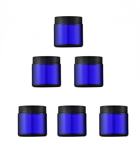 Lot de 6 bocaux en verre bleu de 60 g avec couvercles noirs, pots à crème en verre de 60 g, pots ronds vides pour crème, échantillon, lotion, poudre, pommades, épices, strass, rangement de voyage