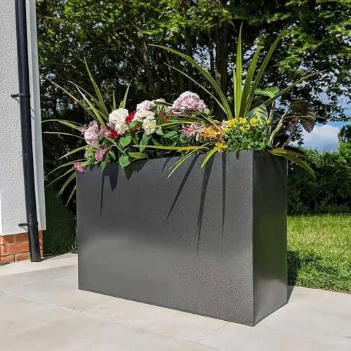 Zinc Galvanised Long Tall Trough Planter | No Assembly Needed | Lightweight (Silver & Black, L80cm x W25cm x H60cm)