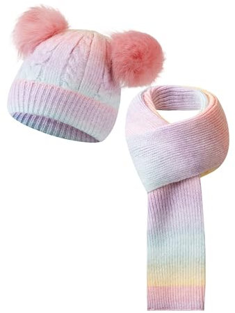SERENYOU Kinder Winter Mütze Schal Set Jungen Mädchen Doppel Pompon Mütze mit dicken gestrickten warmen Schal Rosa