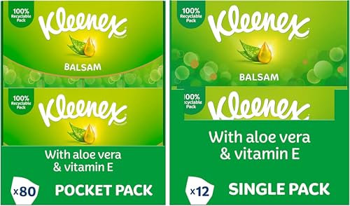 Kleenex Balsam Facial Tissues Pocket Pack and Box Tissues - 80 Pocket Packs & 12 Standard Tissue Boxes