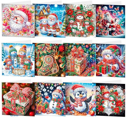 CAYUDEN Diamond Painting Weihnachtskarten, 12 Stück Handgemachte Diamant Malerei Mit Umschlag Set, 5D Weihnachten Deko Geschenke