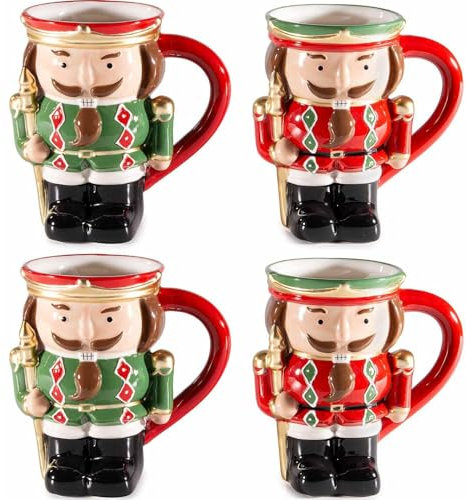 Gruppo Maruccia - Tazze da Colazione Natalizie in Ceramica a Forma di Soldatini Schiaccianoci - Set da 4 - Idea Regalo