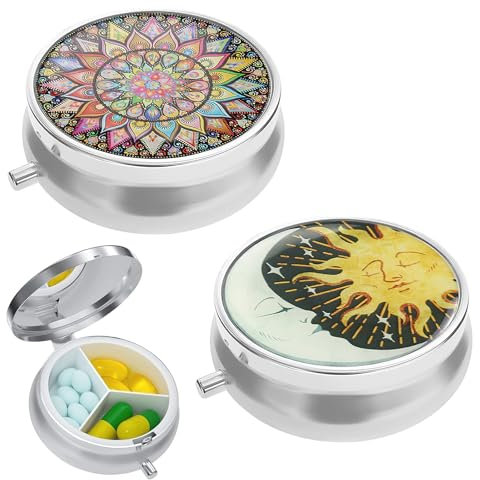 2 Stück 3 Fächer Pillendose Klein für Unterwegs, Pillenbox mit Spiegel, Rund Metall Tablettendose für Unterwegs, Tragbare Pill Box Pill Organizer, Tablettenbox Klein für Tägliche und Reise Unterwegs