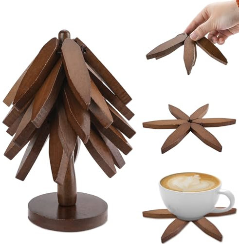 X-BLTU Wooden Tree Coasters, Wooden Trivets Set for Hot Dishes Pots and Pans, 5 Heat-Resistant Pads & 1 Stand, Trivets for Kitchen Worktops, Tree Shape Trivet Set, Wooden Christmas Tree Decorations