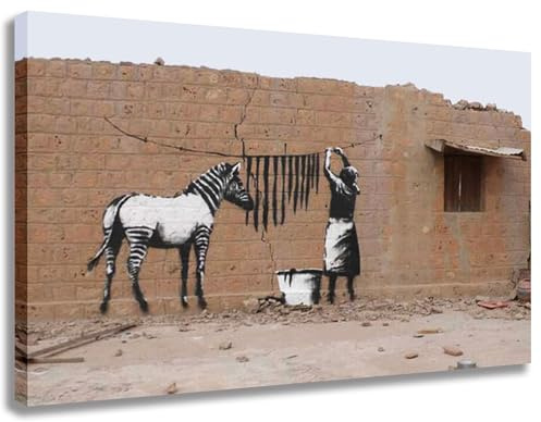 Kunstbruder Wandbilder Banksy Urban Streetart Quer, Home Deko Wohnung Bild Wohnzimmer Bilder Leinwand Graffiti kunstdrck - Moderne Mood Bilder Bunt (Zebra_Washen_Banksy, 100x150 cm, Quadratisch)