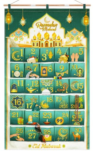 DPKOW 30 Ramadan Kalender zum Befüllen Stoff, Ramadan Adventskalender zum Aufhängen Wand Tür, DIY Ramadan Kalender Selber Basteln, Ramadankalender Säckchen Wiederverwendbar, Grün Gold