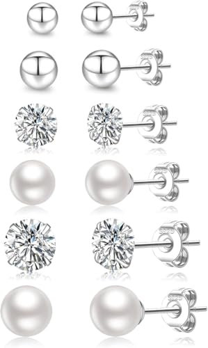 LOUMILEO Lot de 6 Paires de Boucles d'Oreilles Clou en Argent Sterling - Hypoallergéniques, Petits Clous en Perle pour Femmes, Mini Clous en Zircone Cubique et Boules pour Femmes et Hommes, 3 à 6 mm
