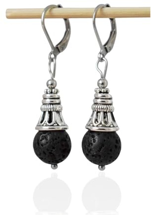 Lavastein Perlen Ohrringe, Schwarz Silber Farbe Lava Creolen, Boho Ohrhänger Edelstein, Unikat Vulkanisch Gothic Schmuck, Geschenk für Sie
