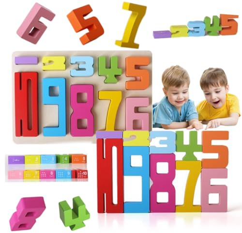 Azazaza Montessori-Inspired Wooden Number Blocks - Stacking Toys Puzzle for Kids 3+ Years Old, 20PC Building Blocks (10PC NO Card)