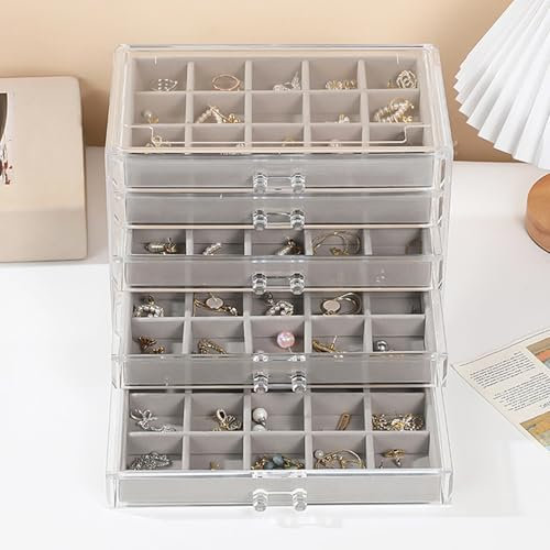 Jinavoty Caja de almacenamiento de aretes y joyas de acrílico, 3 cajones, 45 bandejas de terciopelo, organizador de joyería para mujeres y niñas (gris, 5'