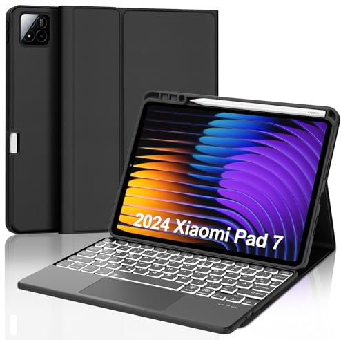 FOGARI Tastatur Hülle für Xiaomi Pad 7/7 Pro 11.2 Zoll 2024, Deutscher QWERTZ, Multi Touch Trackpad, 7 Farben Beleuchtung Magnetisch Abnehmbarer Tastatur für Xiaomi Pad 7/7 Pro 11.2, Schwarz