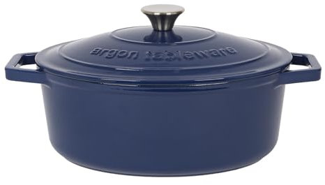 Argon Tableware 4.68L Oval Cast Iron Casserole Dish with Self-Basting Lid - Midnight Blue - 1x Induction Hob Cooking 4.84QT Dutch Oven Bread Baking Serving Roasting Stew Stock Pot Cookware Pan