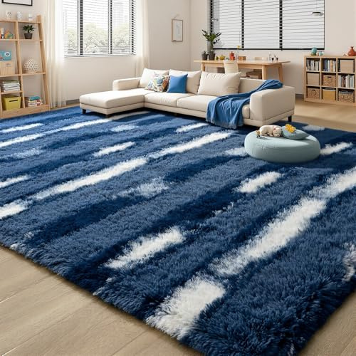 FALARK 12,7 x 17,8 cm blau gestreifter Teppich für Jungenzimmer, flauschiger Hochflor-Teppich für Kinderzimmer, rutschfest, waschbar, zottelige Teppiche für Schlafzimmer, Wohnzimmer, Spielzimmer