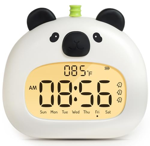 BANDIANCY Panda Alarm Clock for Kids with Night Light, Digital USB Rechargeable Clock, 3 Alarms, Snooze, Temperature Display, Cute Bedside Sleep Trainer & Desk Decor Gift for Boys and Girls