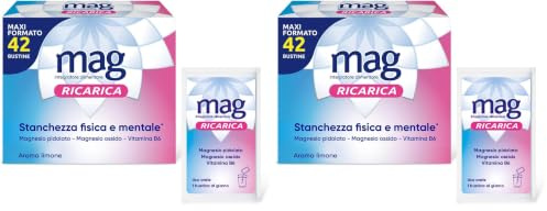 Mag Ricarica - Integratori per Adulti con Magnesio Pidolato, Magnesio Ossido, Vitamina B6 per Stanchezza Fisica e Mentale - Senza Glutine, Senza Lattosio (due confezioni da 42 Bustine Aroma Limone)