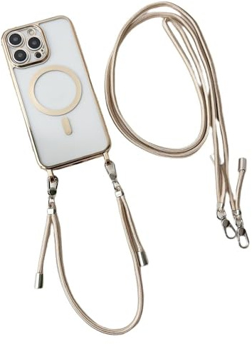 JZFDCLF For iPhone 16 15 Pro Max 14 13 12 11 Phone Case Necklace Lanyard Wrist Strap Crossbody Magnetic Plating Clear Cover,Gold,For iPhone 14 Pro