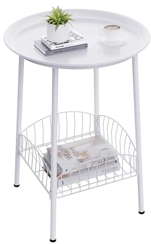 FANNYE Small White Table, Outdoor Patio Side Table, 2-Tier Round Metal Patio Table, White Accent Table Waterproof, Weather Resistant End Table for Yard Porch Pool Balcony Garden Bedside