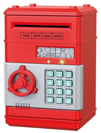 Bosiyrggrl Electronic Piggy Bank Automatic Mini Security Coin Cash Savings Box Password Key Lock Bank ATM Gift for Children Red