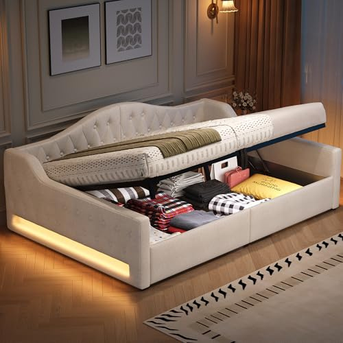 ZIDEY Polsterbett Schlafsofa 140x200 mit LED und Lattenrost, Hydraulische Tagesbett Sofabett Funktionsbett Daybett, ohne Matratze, Beige