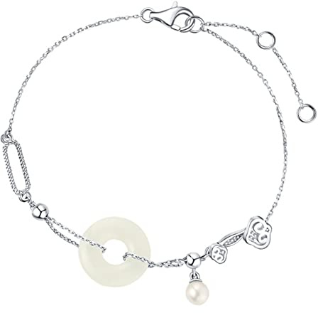 Charm Armband Natural Hetian Jade Armband Silber Armband Harmonie Schnalle Jade Armband Feng Shui Reichtum Armband Urlaub Schmuck für Frauen Talisman Stone Silber Armband einstellbar (Farbe