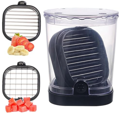 2-in-1 Detachable Fruit Cutter & Dicer, Stainless Steel Strawberry Slicer with Lid, Cup-Style Fruit Cutter with Push Plate for Banana, Grapes, Eggs, Kitchen Gadget