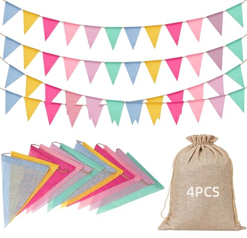 Wimpelkette Outdoor Pastell 4 Stück - 48 Flaggen Girlande Wetterfest Stoff | Wimpelkette mit Jutesack für Garten Party Geburtstag Deko Klassentreffen Einschulung Party Schulkind Kinderzimmer