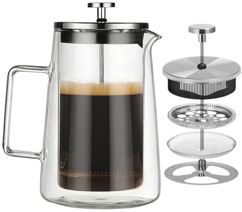 FARYODI Kaffeepresse French Press 1 Liter, Glas Kaffeebereiter mit Permanent Edelstahl Filter, Thermo Doppelwand Design, Spülmaschinengeeignet Hitzebeständig für Kaffee und Tee