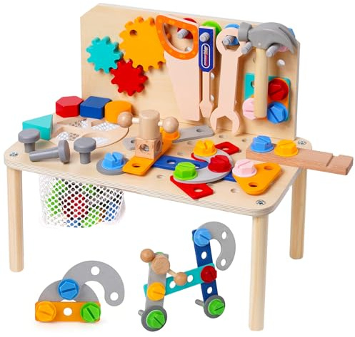 Kinderwerkbank aus Holz, Montessori Motorikspielzeug ab 3 Jahren, 105-teiliges Werkbank Spielzeug mit Hammer, Schrauben, Zahnrädern, Formen und Bauzubehör, Lernspielzeug für Jungen und Mädchen
