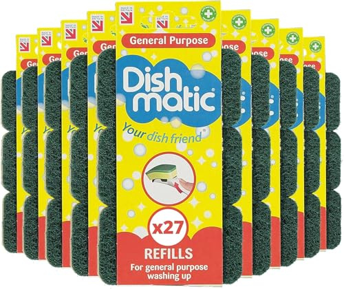 Dishmatic Refill Sponges 27 Pack – Green Washing Up Sponge Refills, Replacement Heads for Dishmatic Handle, Kitchen Cleaning Sponges & Scouring Pads for Pots, Pans & Dishes Bulk Value