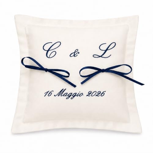 Coccole Cuscino Portafedi Matrimonio – Cuscino per Fedi Nuziali Elegante – Modello Quadrato o Cuore con o senza Pizzo – Ricamo Personalizzabile – Made in Italy (Quadrato Classico)