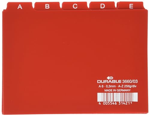 Durable 366003 Jeu de 25 Intercalaires Format A6 Paysage avec Divisions 5/5 - Onglets Imprimés A-Z - Polypro Coloris Rouge
