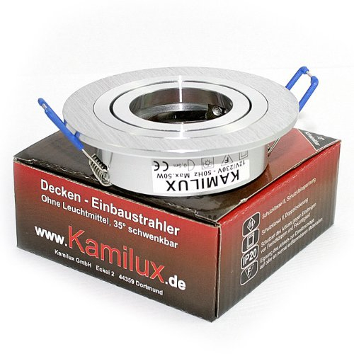 Einbauleuchte Rundi Niedervolt 12V aus Aluminium gebürstet, rostfrei, 35° schwenkbar und 360° drehbar, MR16 Fassung
