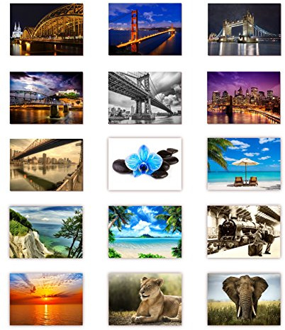 LYSCO 15 Stück Postkarten MIX - Set aus verschiedenen Motiven von Brücken, Natur, Blumen über Tiere und Strand ist alles dabei - Format: DIN A6 / 105 x 148 m