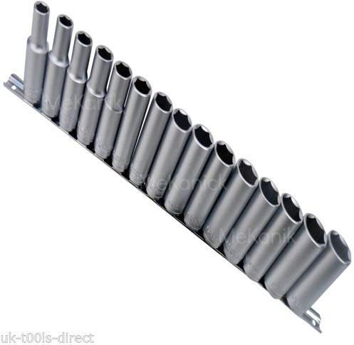 15PC 3/8 Deep Drive Sockets 8-22mm Cr-v Steel On Rail 6 Point Single Hex