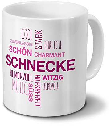 printplanet Tasse mit Namen Schnecke Positive Eigenschaften Tagcloud - Pink - Namenstasse, Kaffeebecher, Mug, Becher, Kaffeetasse