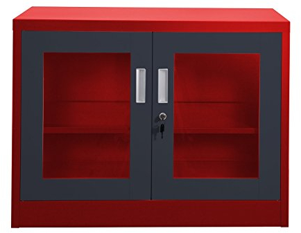 Jet-Line® | Büromöbel Kleiner Aktenschrank UFA | rot-dunkelgrau | Sichtfenster | Büroschrank | Lager Metallschrank | Werkstatt | Lagerschrank | abschließbar | Fachboden