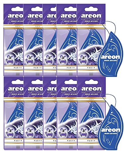 AREON Mon Auto Lufterfrischer Party Anhänger Hängend Aufhängen Spiegel Blau Duft Autoduft Pappe 2D Wohnung (Set Pack x 10)