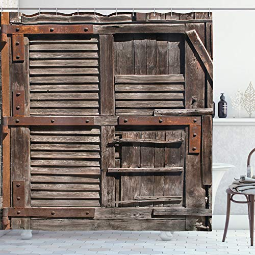 ABAKUHAUS Rustikal Duschvorhang, Italienische Tür aus Holz, Stoffliches Gewebe Badezimmerdekorationsset mit Haken, 175 x 240 cm, Umbra Braun